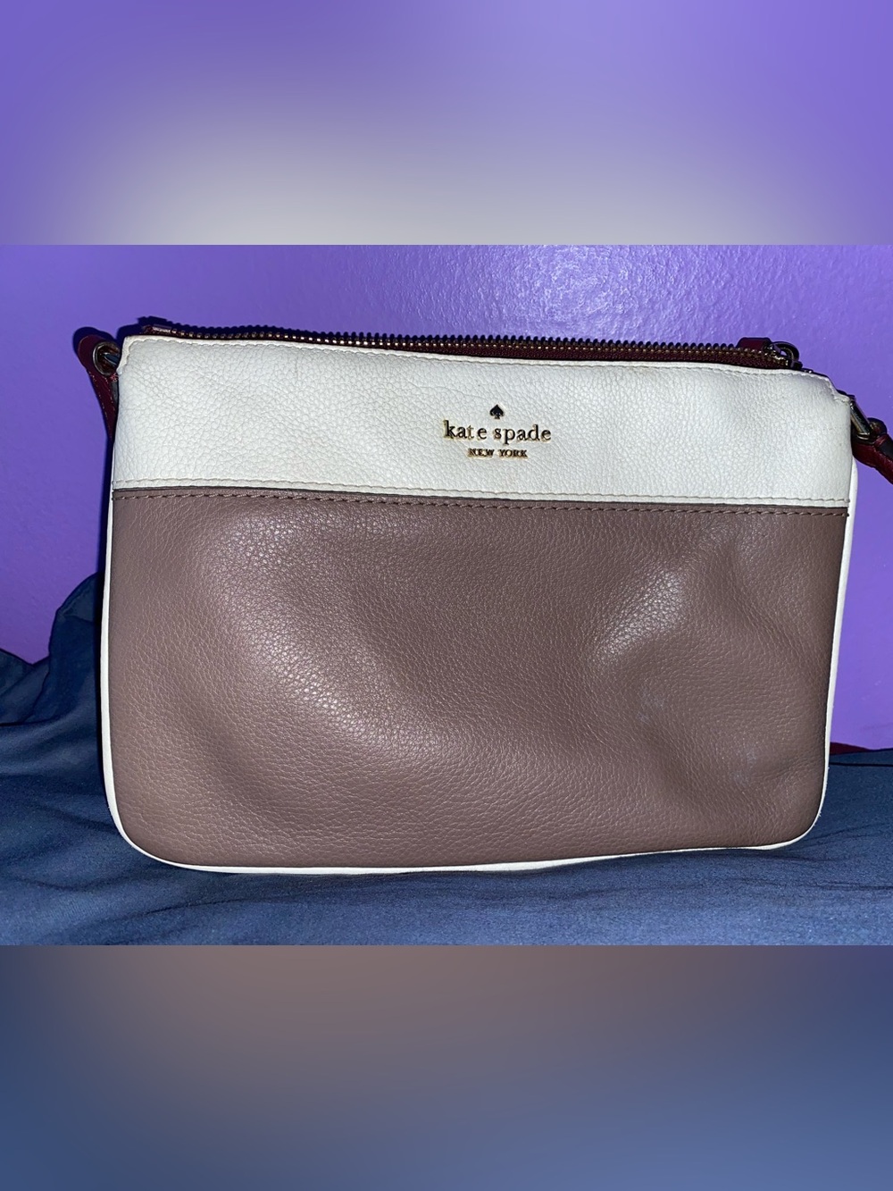 Kate Spade Two-Tone Taupe and White Pebbled Leather Crossbody